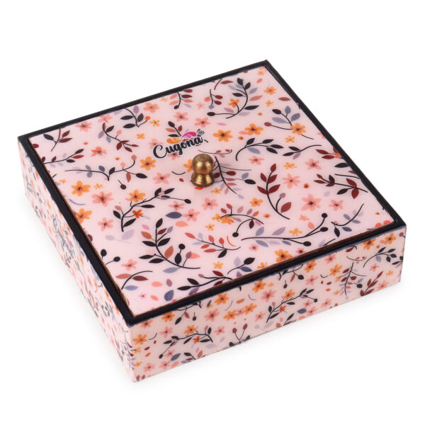 "Wooden multipurpose box with separate sections for organizing" - "Handcrafted wooden gift box for corporate events and weddings" - "Wooden snack box with lid for serving dry fruits and sweets"