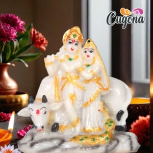 Radha Krishna Murti with Cow 4 Inch - Statue for Home Temple, Pooja Room, and Spiritual Growth