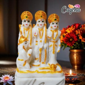 "5.5-inch Ram Darbar Murti for home, featuring Lord Ram, Sita, Laxman, and Hanuman, ideal for temple and puja room."